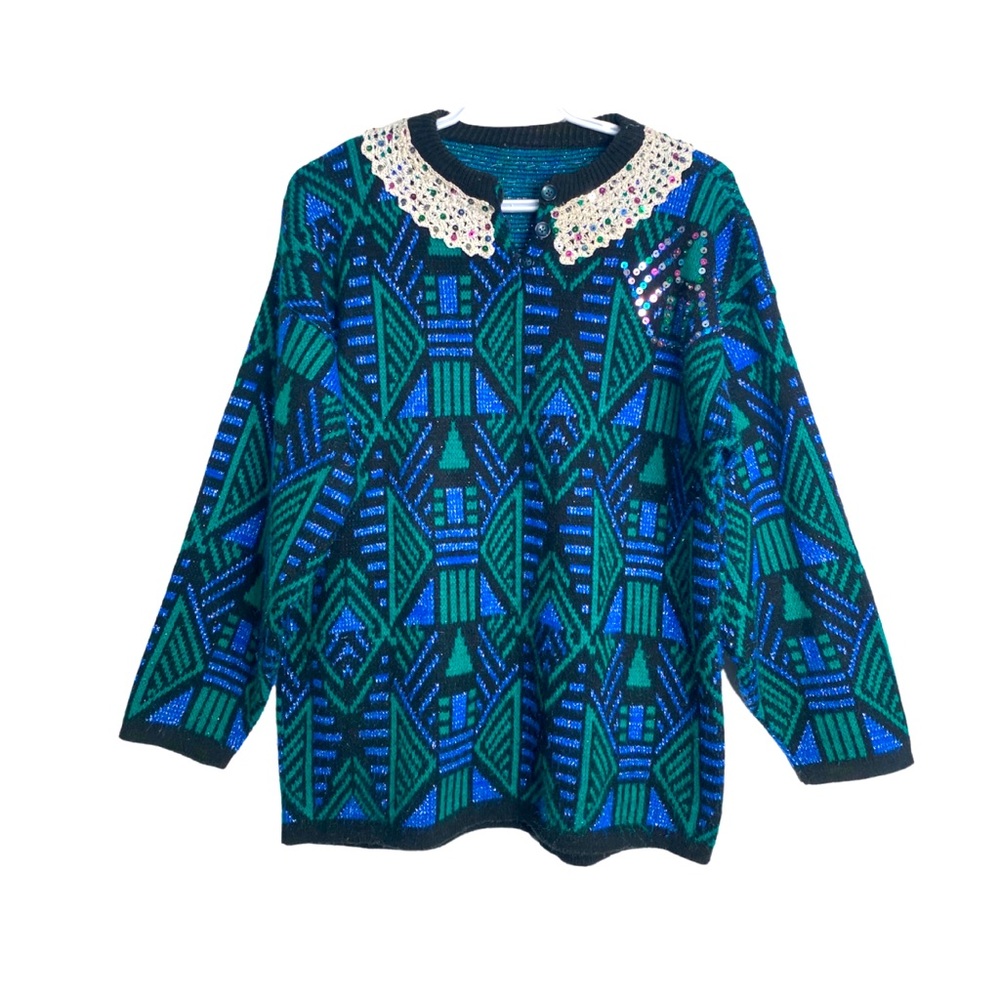 Vintage Sequin Crochet Collar Knit Sweater Button Collar Oversized Metallic M/L